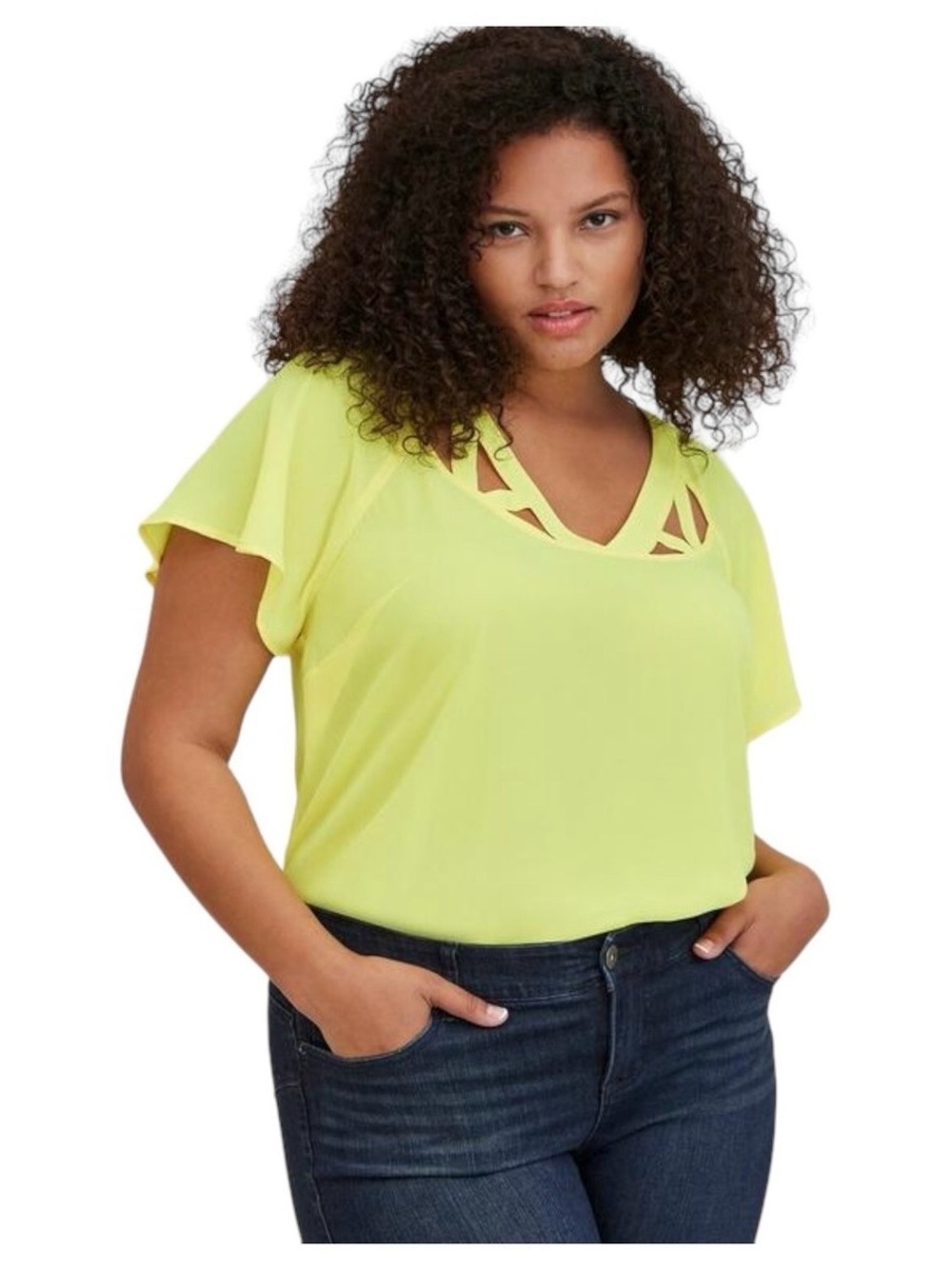 EUC Torrid Cage Front Georgette Blouse Highlighter Neon Yellow Size 1X